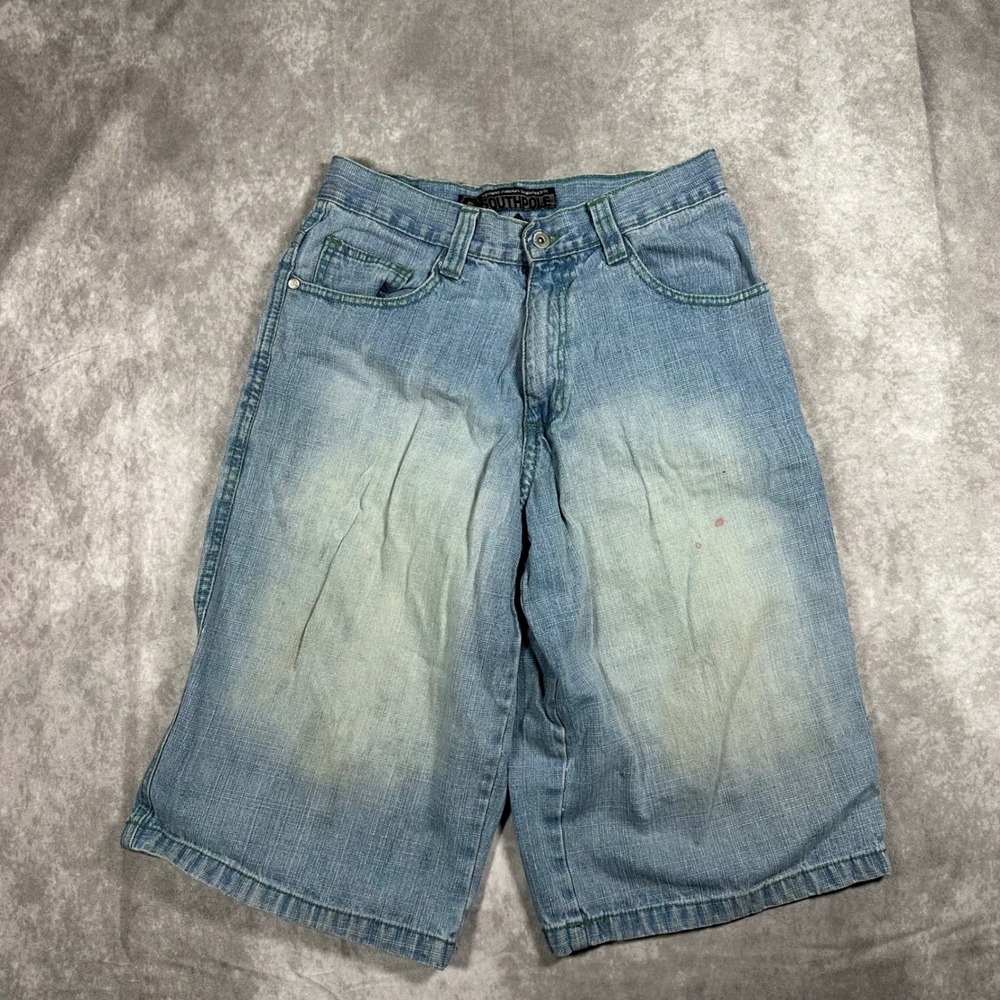 Vintage Southpole Mens Distressed Baggy Denim Shorts Green Stitch Y2K Jorts 26
